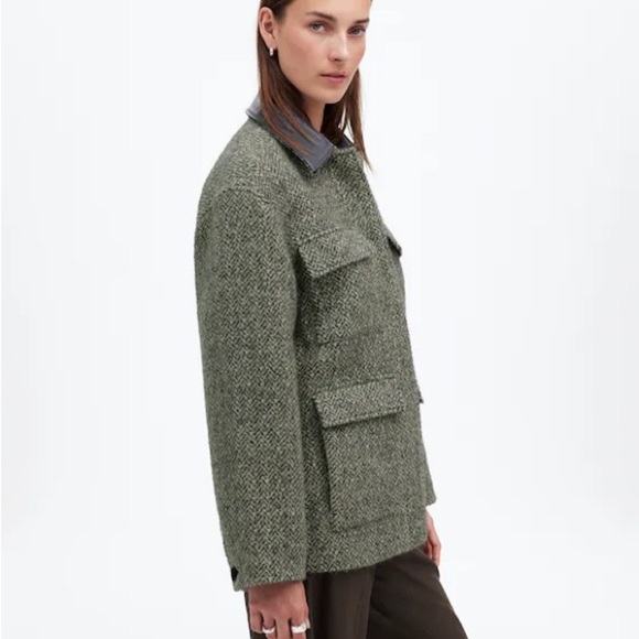 NWT Madewell Leather Collar Gray Textured Tweed Field Jacket, Size L - Picture 2 of 10